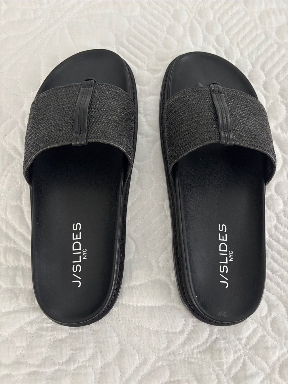 J/SLIDES Black Textured Strap Slide Sandals for Women